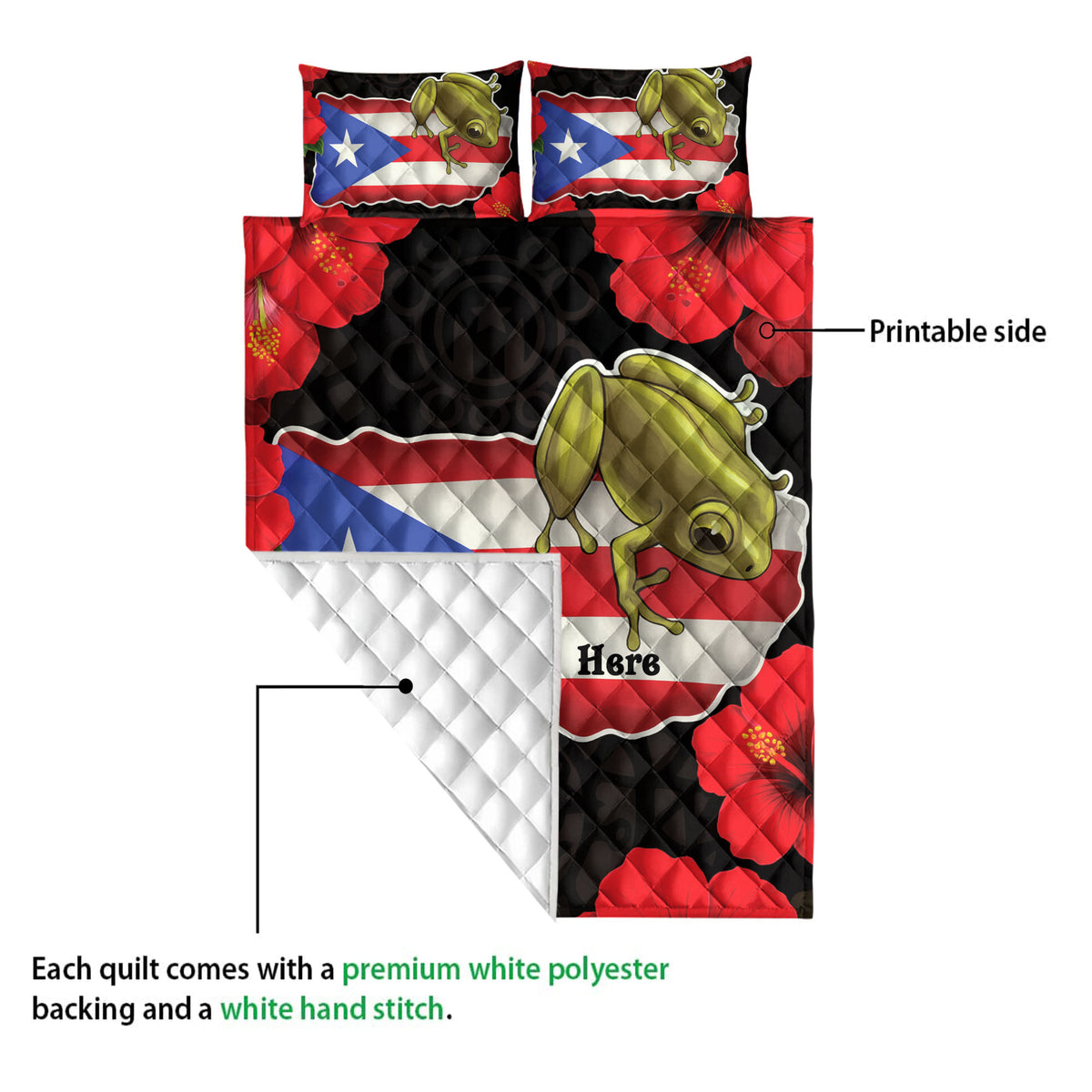 Puerto Rico quilt detail showing the colorful printable front, coqui frog artwork, and white quilted reverse