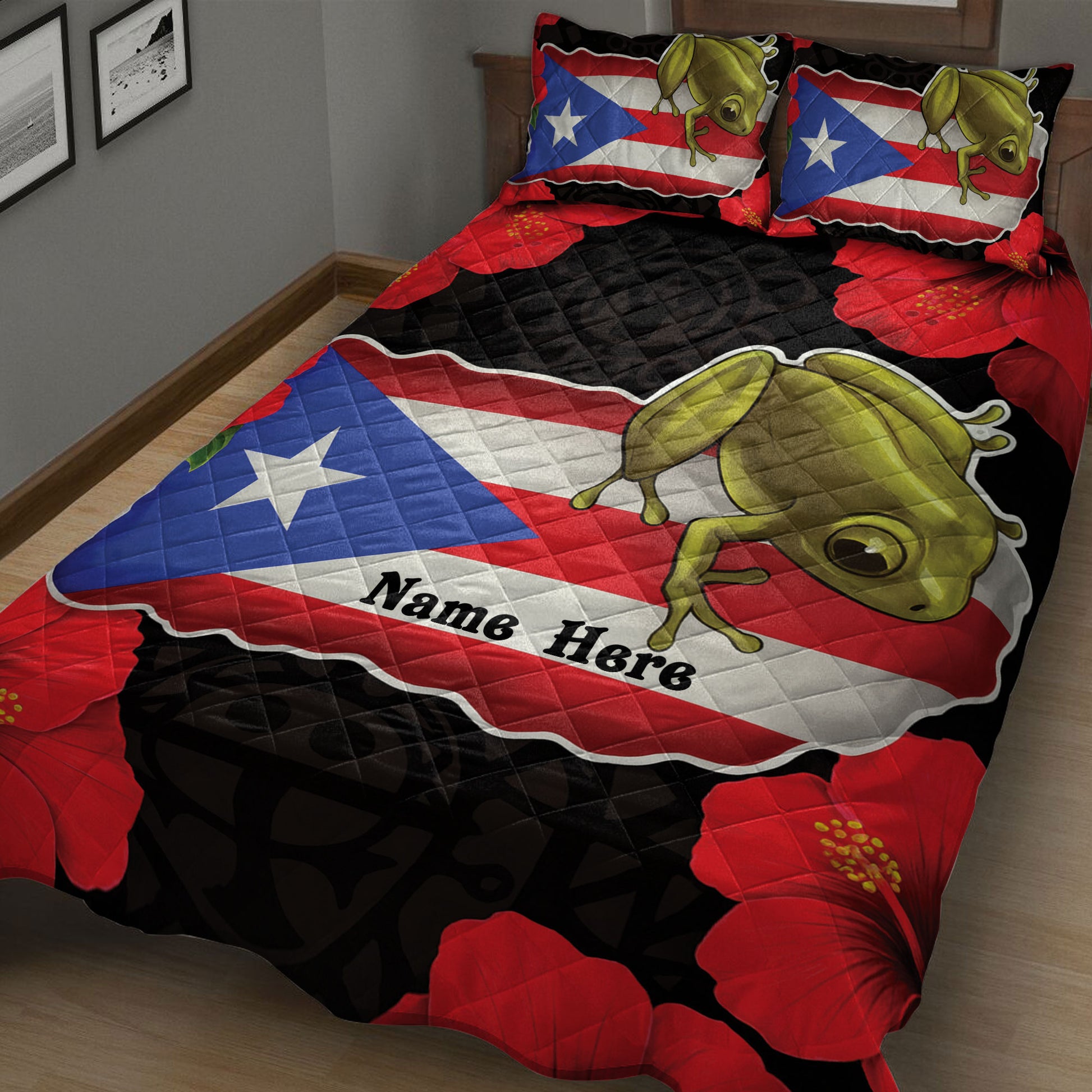 Puerto Rico quilt bedding with large coqui frog artwork, blue and red flag colors, and tropical flower details