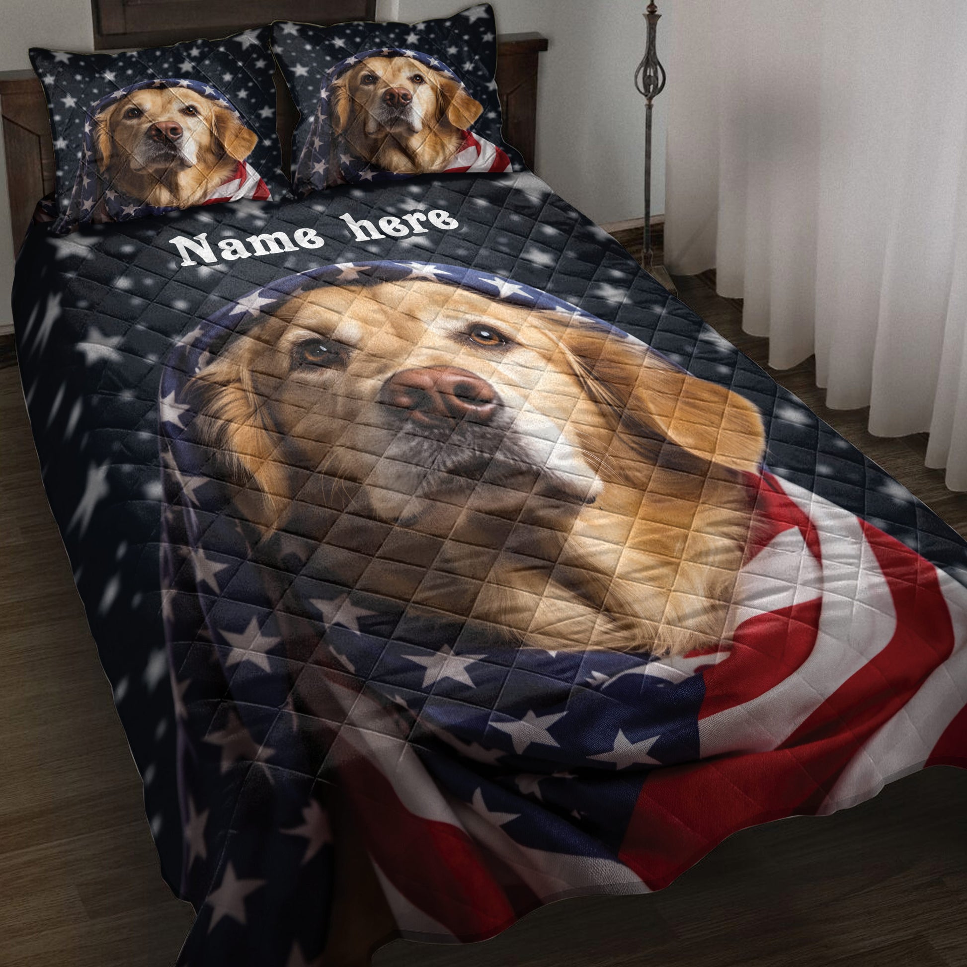 Golden Retriever quilt blanket displayed on a bed with star-spangled patriotic artwork