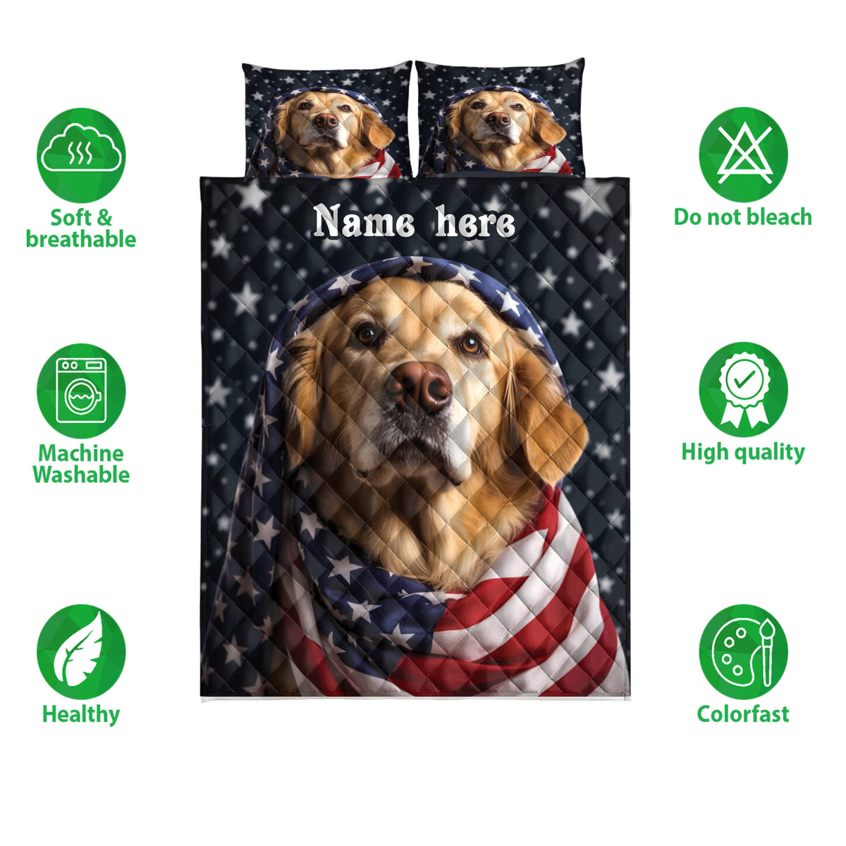 Golden Retriever quilt bedding set with patriotic stars and stripes artwork in a product display