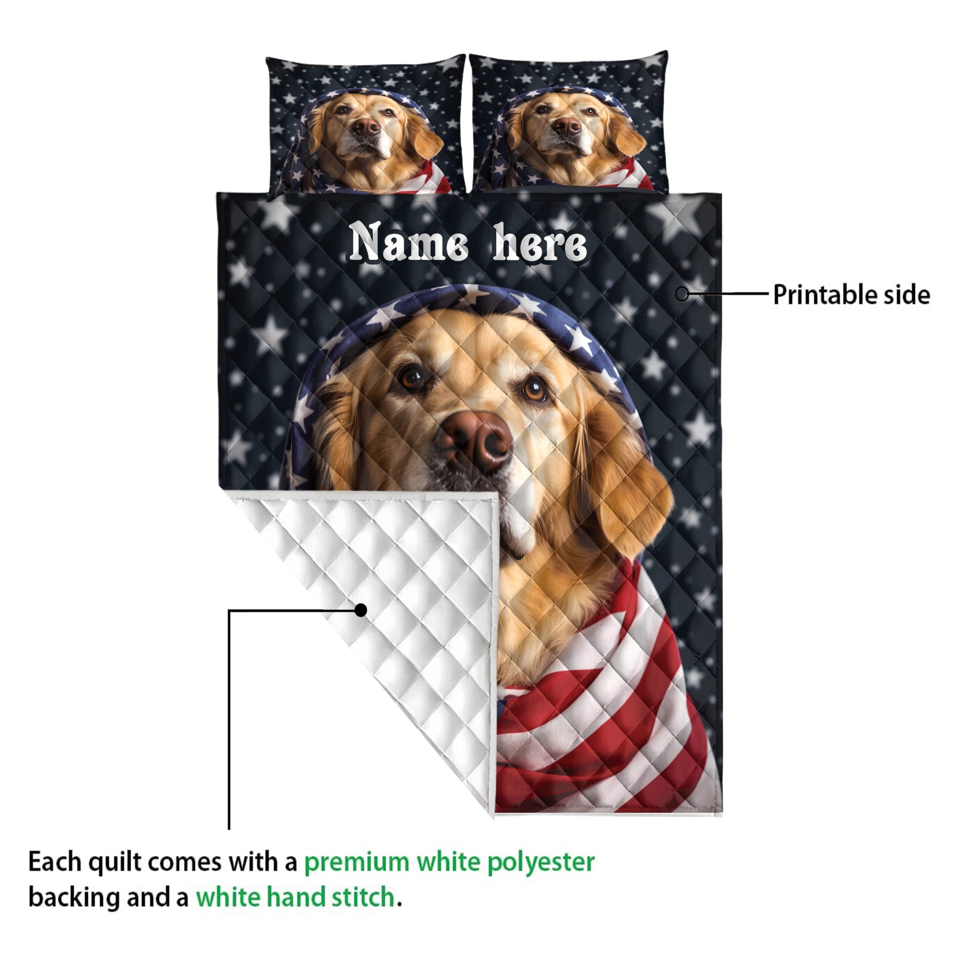 Golden Retriever quilt showing the printed front and white quilted backing detail