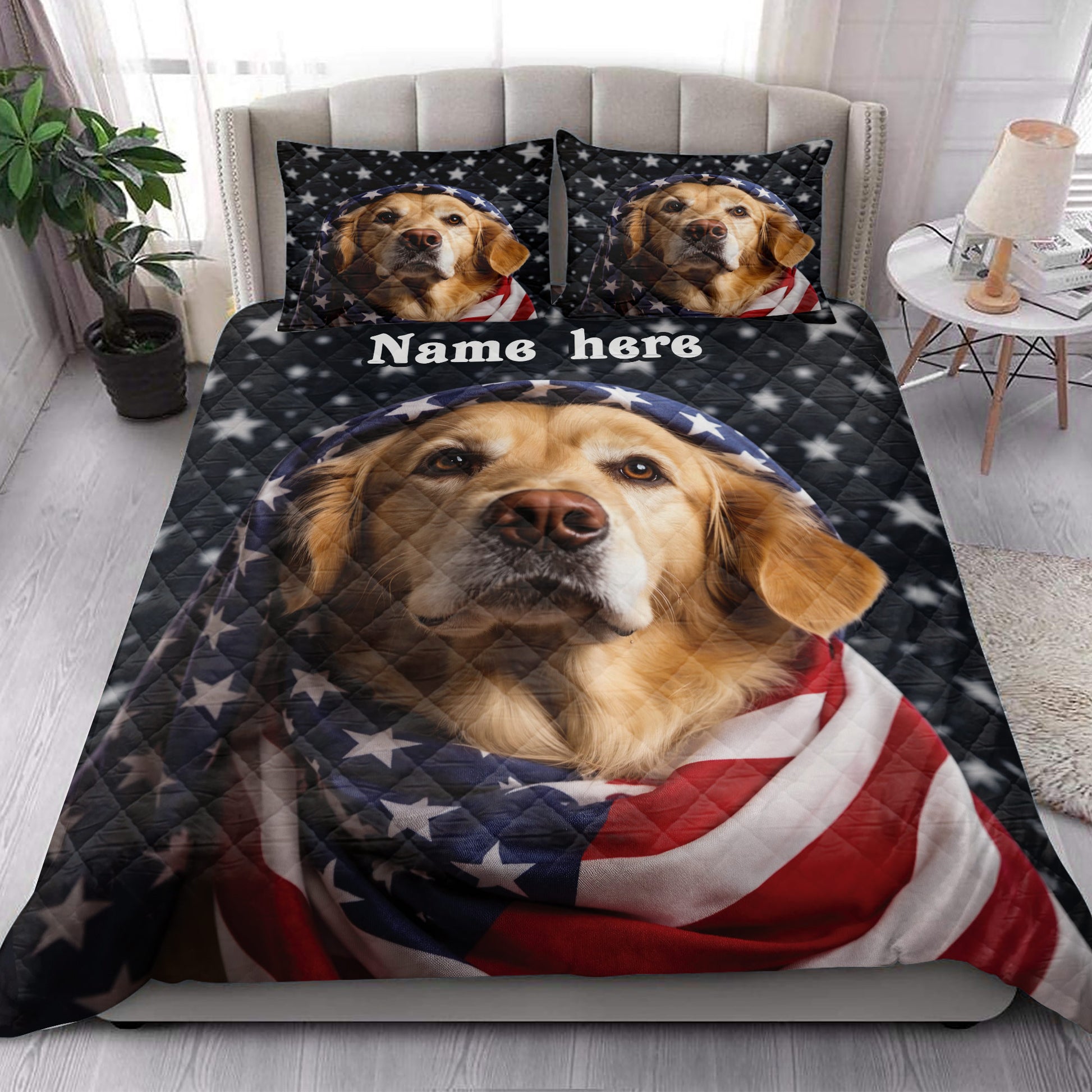Golden Retriever quilt blanket styled in a bright bedroom with matching dog artwork