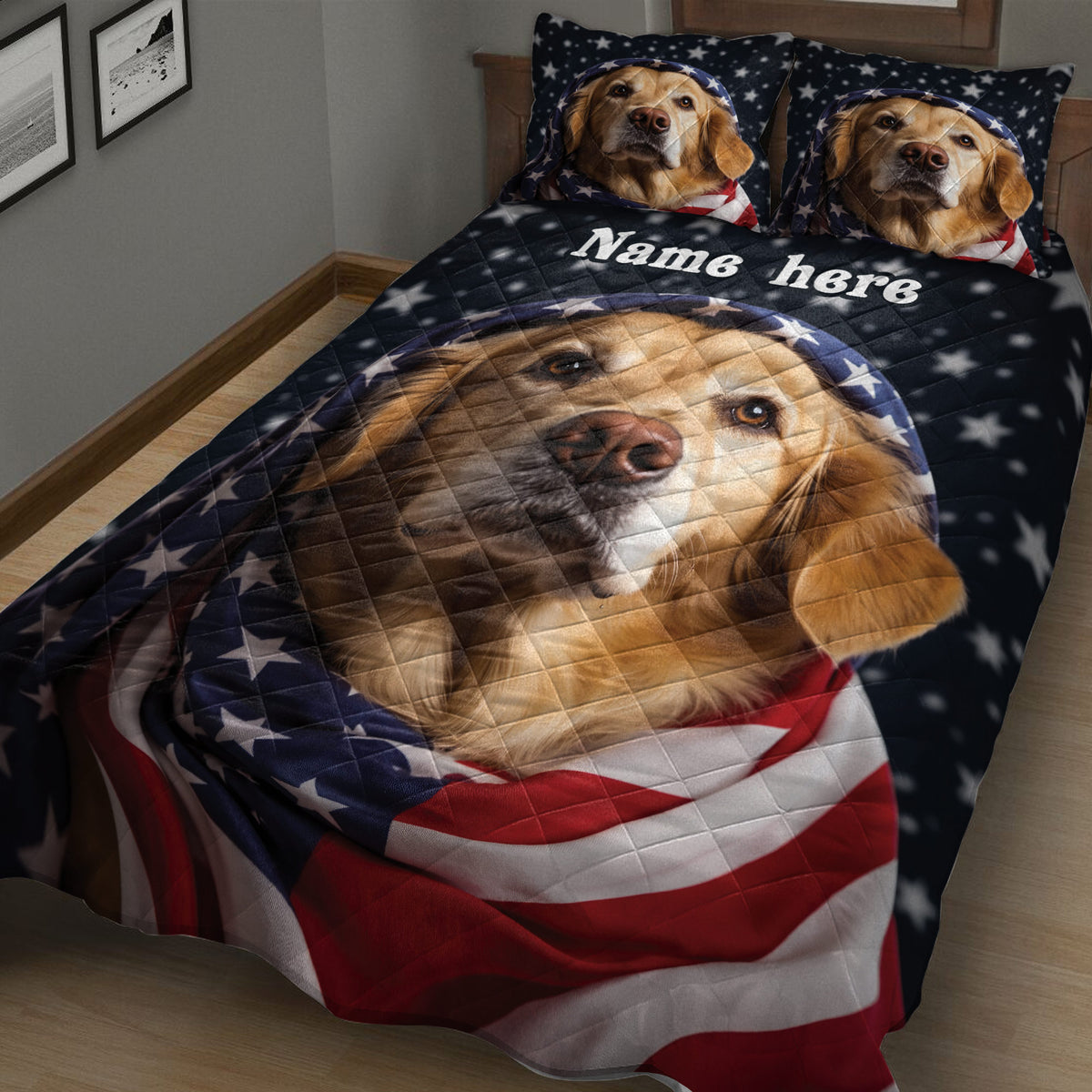 Close bedroom view of a Golden Retriever quilt blanket with patriotic star and stripe design