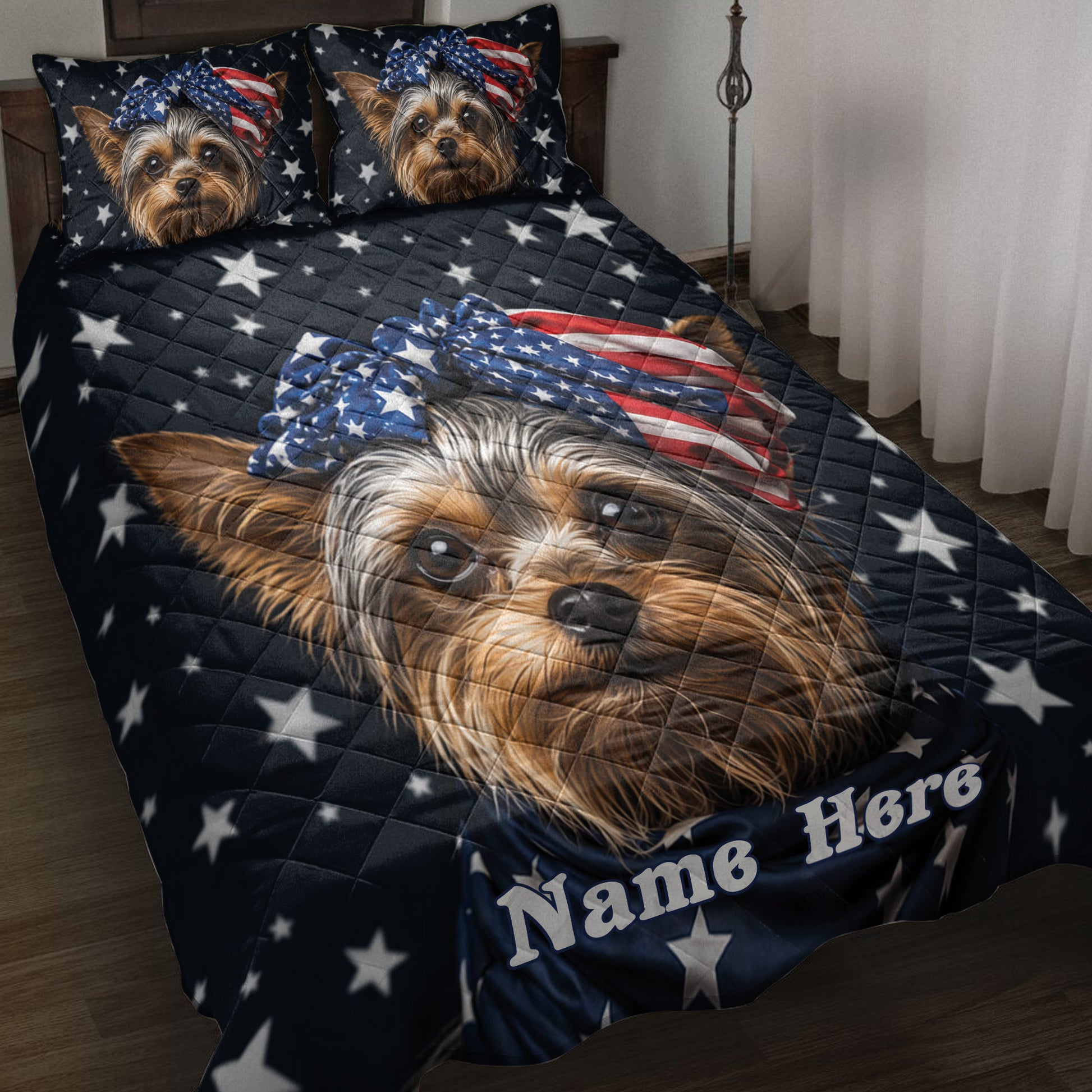Yorkshire Terrier quilt blanket on a bed with patriotic stars, flags, and matching dog artwork