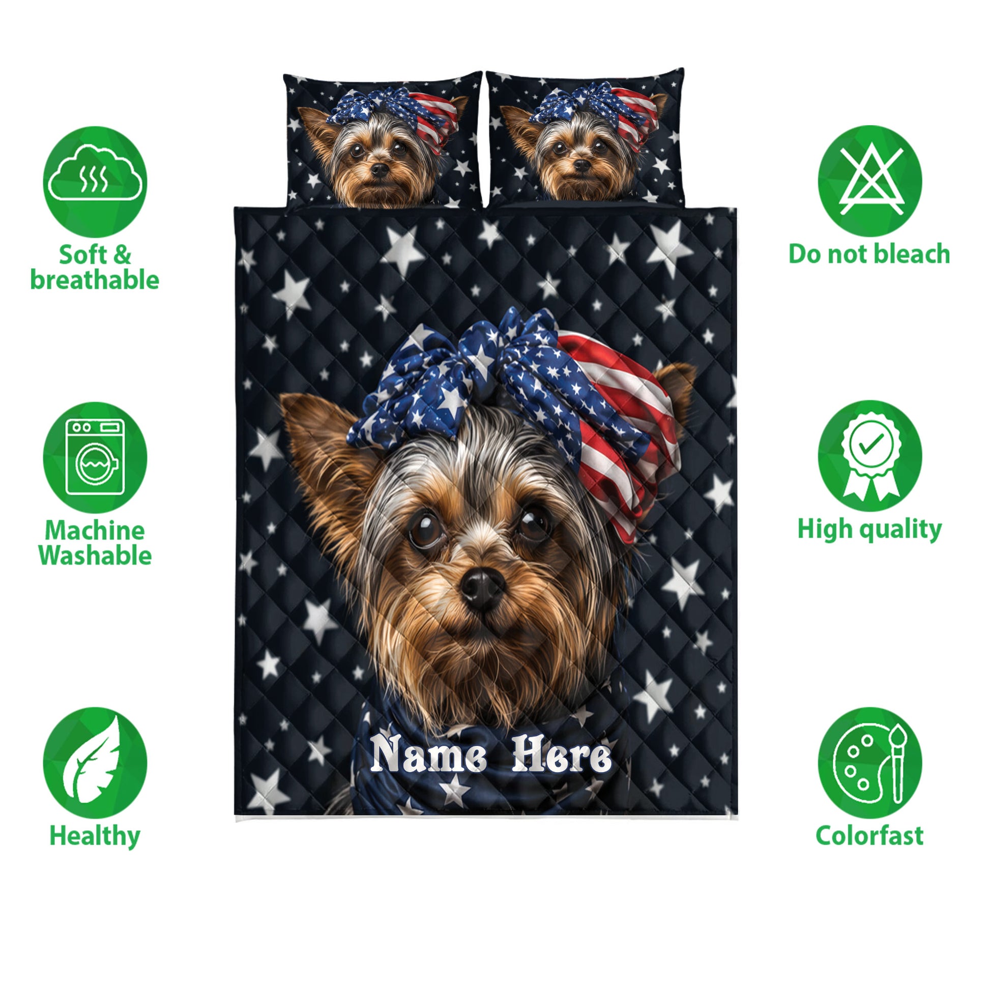 Yorkshire Terrier quilt bedding set with patriotic dog artwork and soft breathable feature icons