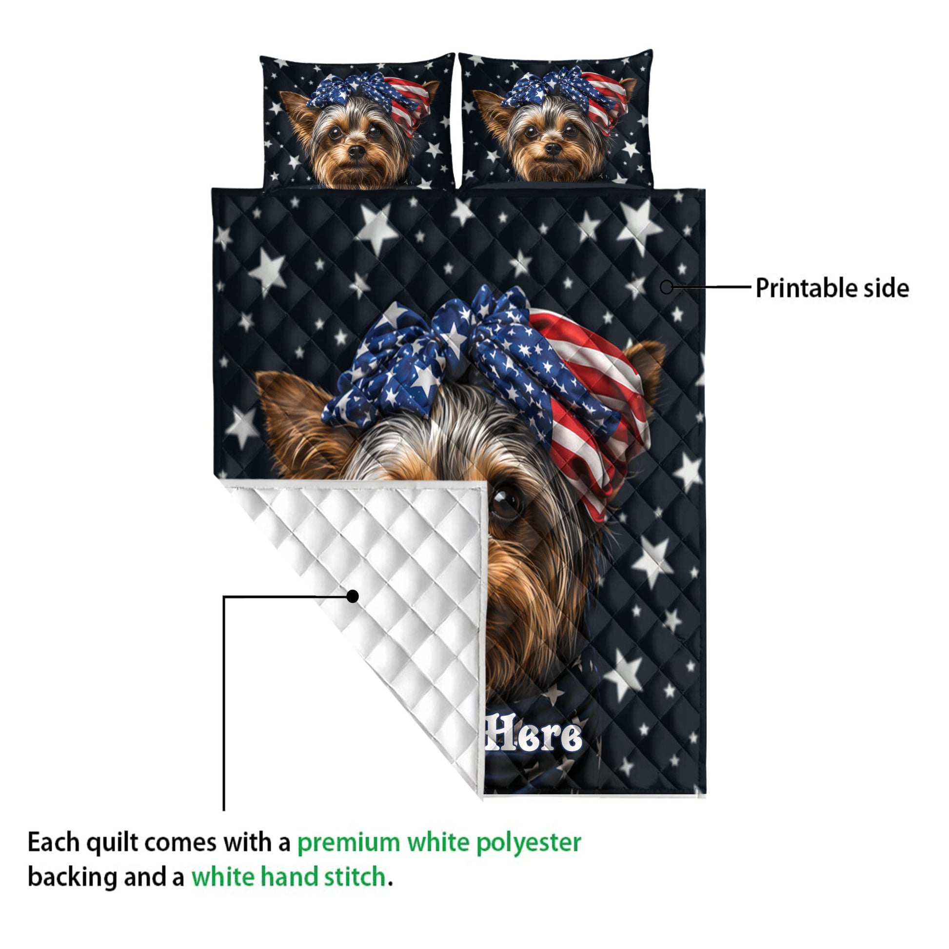 Yorkshire Terrier quilt showing the printed star design and white quilted backing