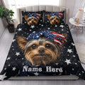 Yorkshire Terrier quilt bedding styled in a bright bedroom with star and flag artwork