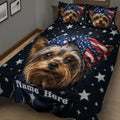 Close view of Yorkshire Terrier quilt bedding with patriotic stars and a large dog portrait