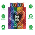 Rainbow Pride quilt bedding set displayed with soft, breathable, washable, and colorfast product feature icons