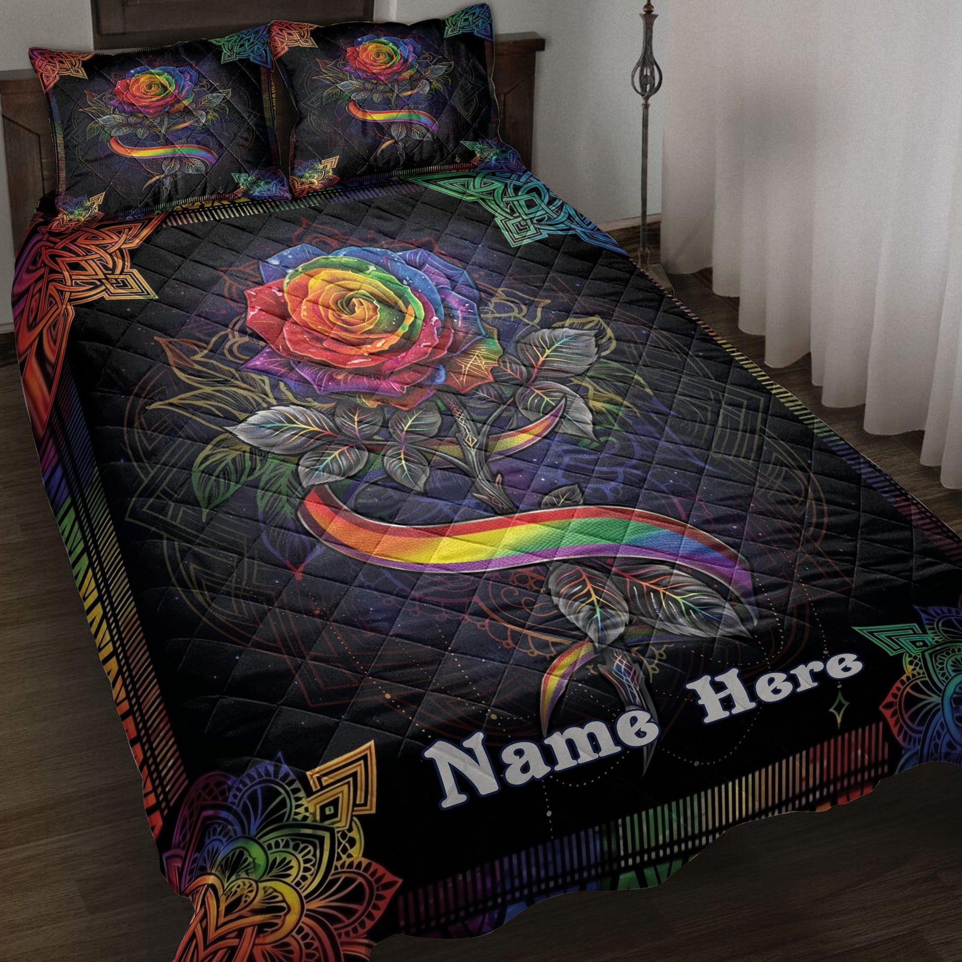 LGBT rainbow rose quilt blanket displayed on a bed with colorful knotwork borders and dark artwork
