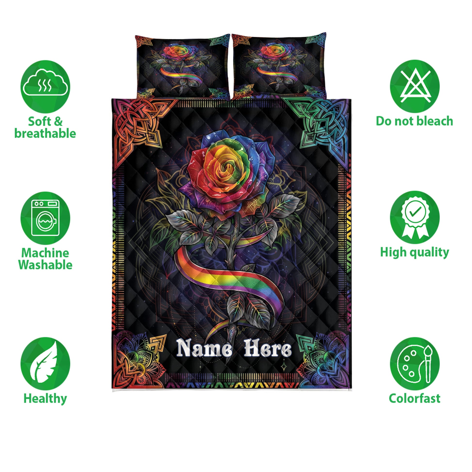 LGBT rainbow rose quilt bedding set shown with vibrant colors and a dark decorative design