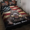 American Staffordshire dog quilt blanket on a bed with patriotic flag artwork and bone motif