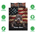 American Staffordshire dog quilt bedding set shown with soft breathable and washable feature icons