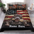American Staffordshire dog quilt blanket styled in a bright bedroom with patriotic flag design