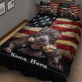 American Staffordshire dog quilt blanket displayed on a bed with flag stripes and star details