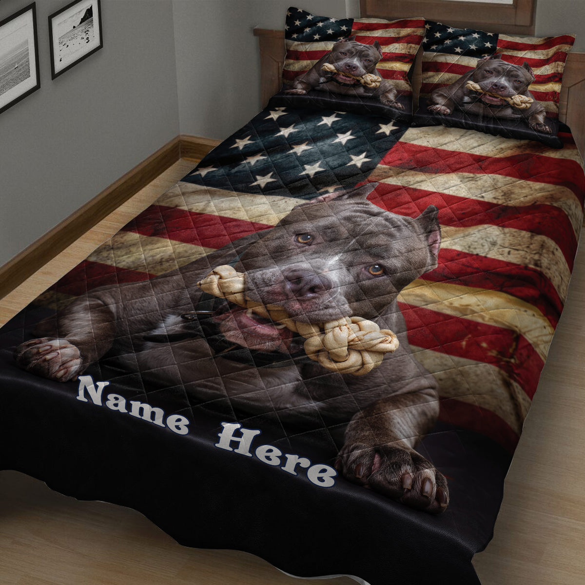 American Staffordshire dog quilt blanket displayed on a bed with flag stripes and star details