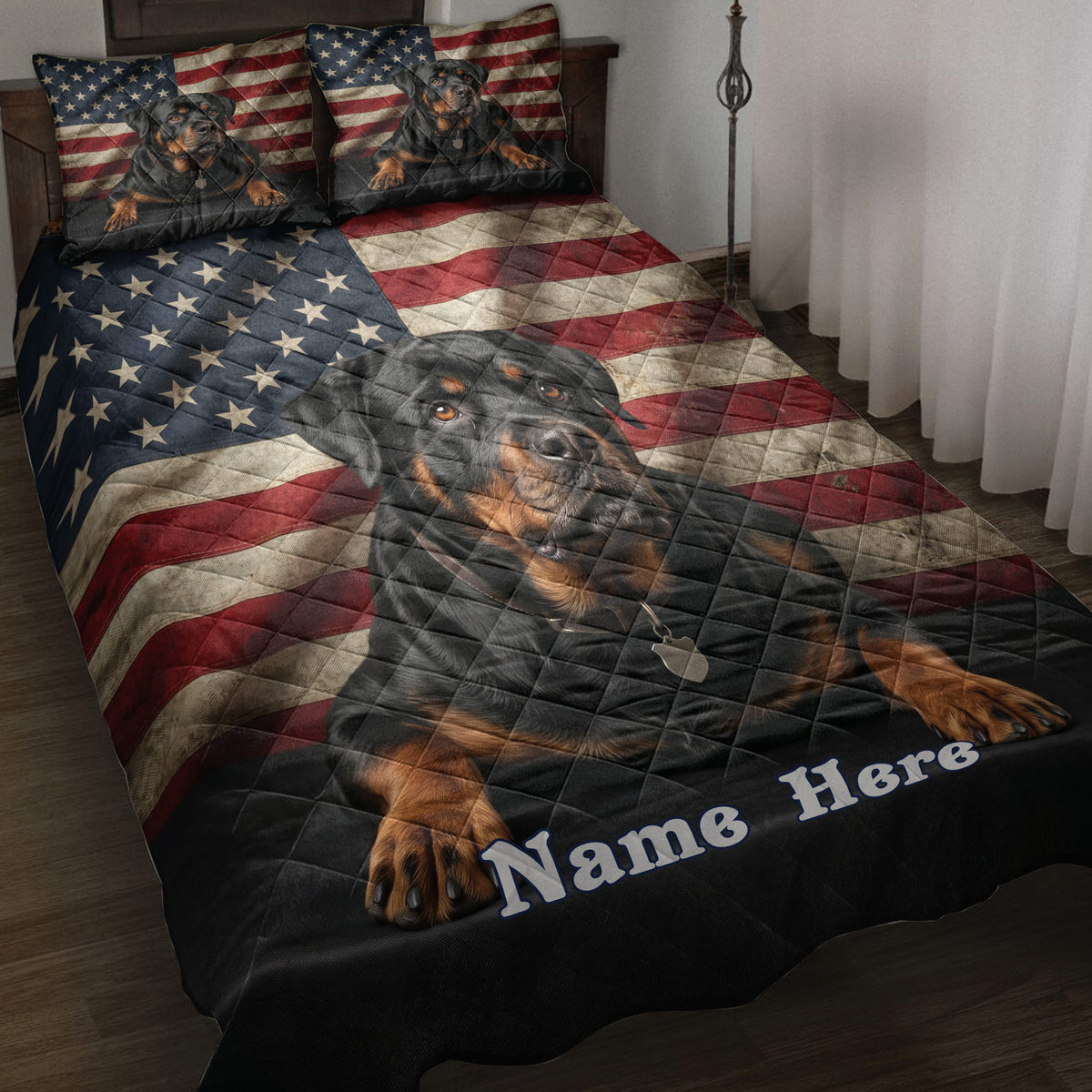 Rottweiler quilt blanket spread across a bed with patriotic American flag artwork and matching dog portraits