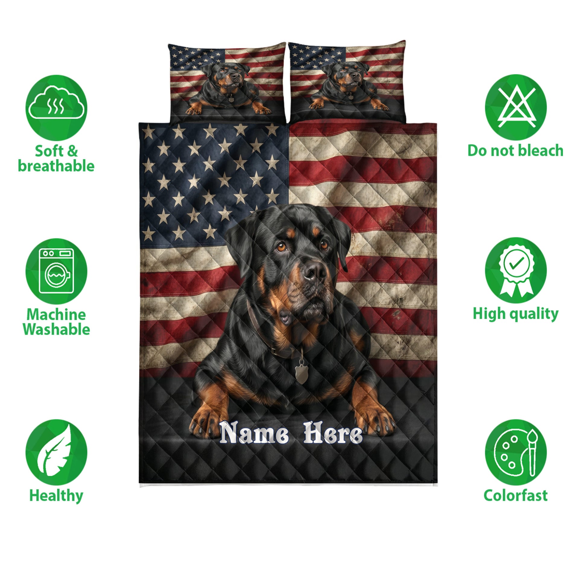 Rottweiler quilt bedding set displayed with patriotic flag design and soft, breathable feature icons