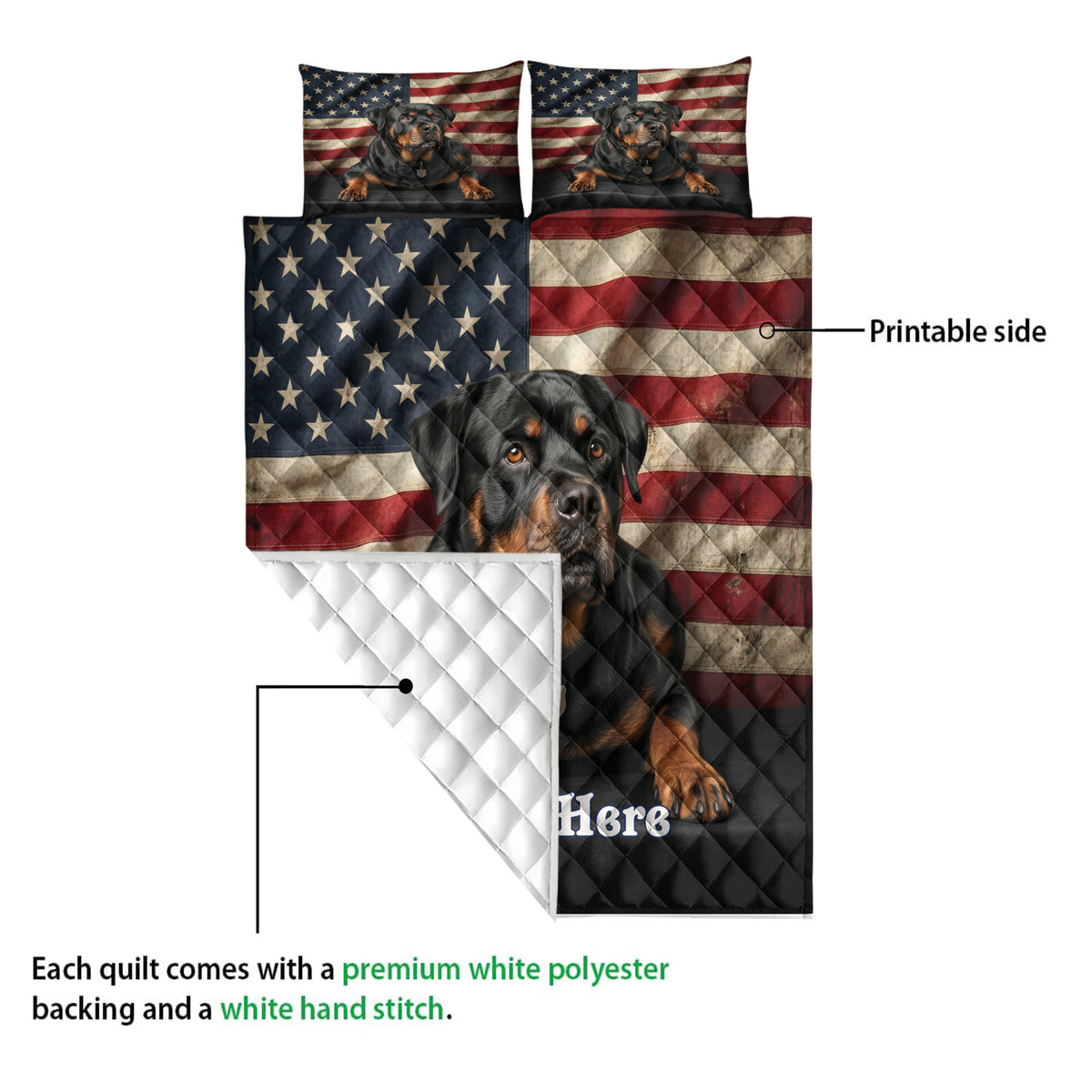 Rottweiler quilt blanket showing the printed front and white quilted backing in a product detail view