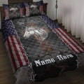 Horse quilt blanket styled on a bed with patriotic stars and stripes, dark western artwork, and a silver horse design