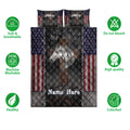 Horse quilt bedding set displayed flat with silver horse artwork, patriotic flag panels, and dark western styling