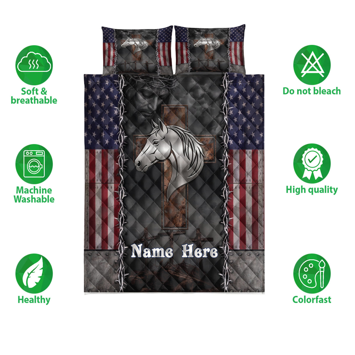 Horse quilt bedding set displayed flat with silver horse artwork, patriotic flag panels, and dark western styling