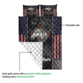 Close view of horse quilt blanket showing the printed front, white quilted backing, and patriotic western artwork