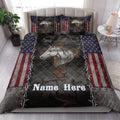 Horse quilt bedding set styled in a bright bedroom with silver horse artwork and patriotic stars and stripes