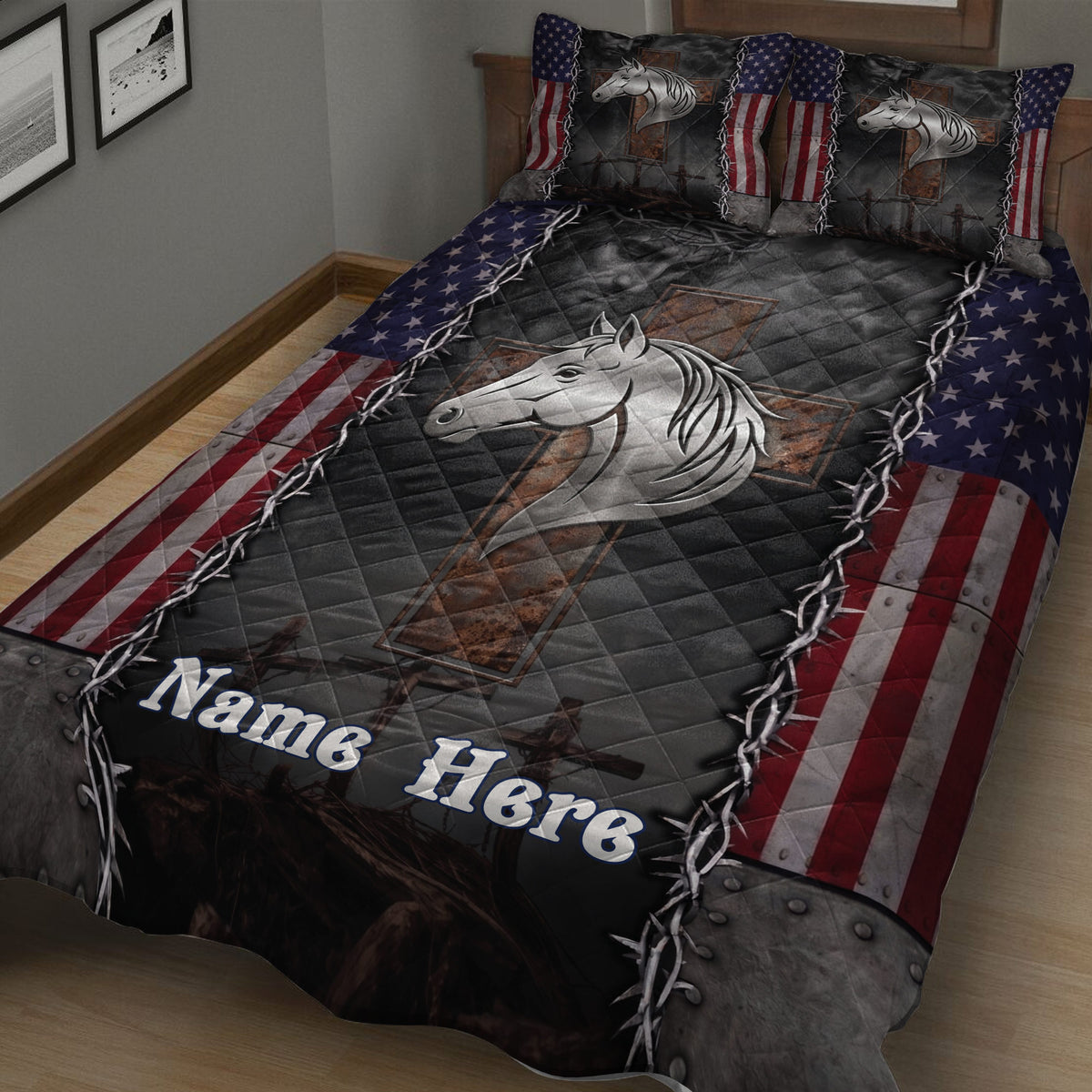 Angled bedroom view of a horse quilt blanket featuring silver horse artwork, dark western imagery, and flag panels