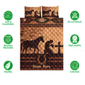 Cowboy quilt bedding set shown front-facing with horse silhouettes, western patterns, horseshoes, and earthy colors