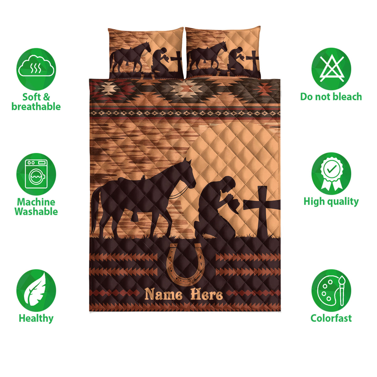 Cowboy quilt bedding set shown front-facing with horse silhouettes, western patterns, horseshoes, and earthy colors