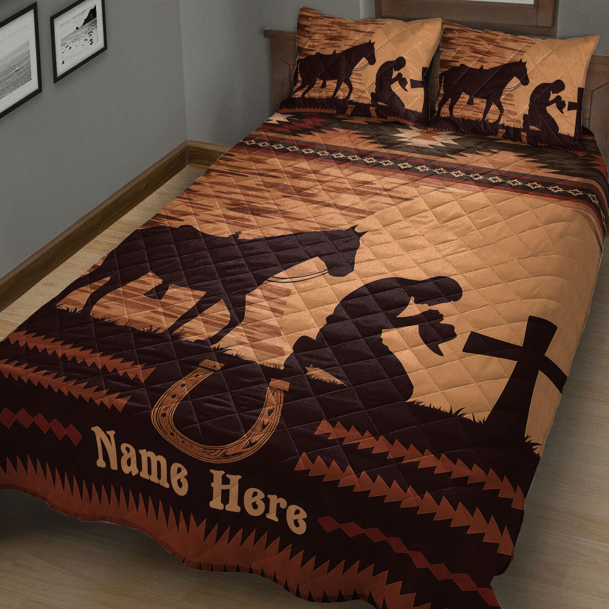 Angled bedroom view of a cowboy quilt blanket featuring horses, western patterns, horseshoes, and brown tones