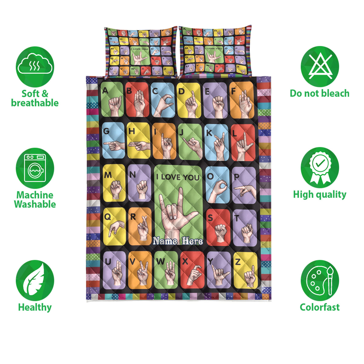 Sign language alphabet quilt bedding set with colorful hand signs and surrounding feature icons