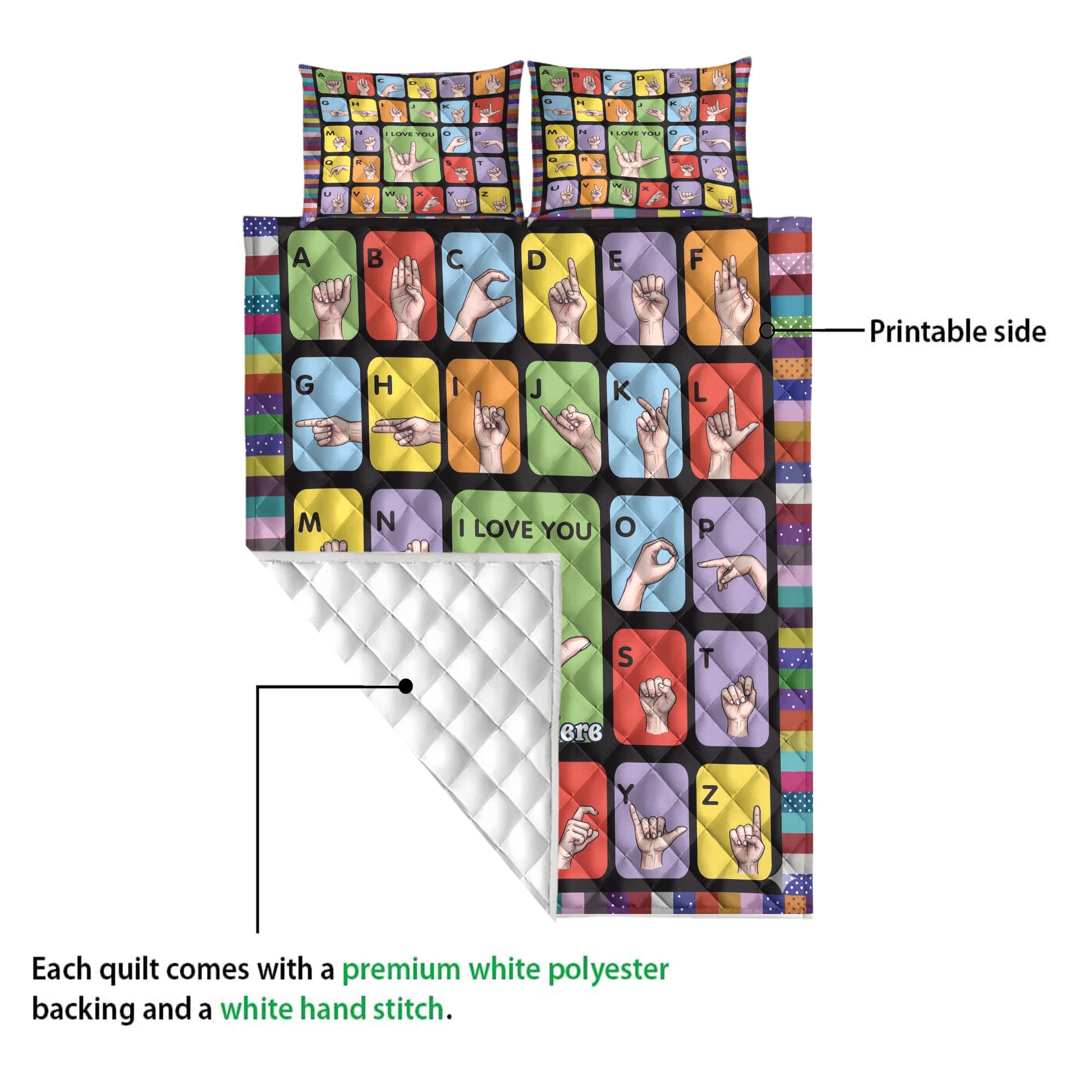 Sign language alphabet quilt showing the printed front and white quilted backing detail