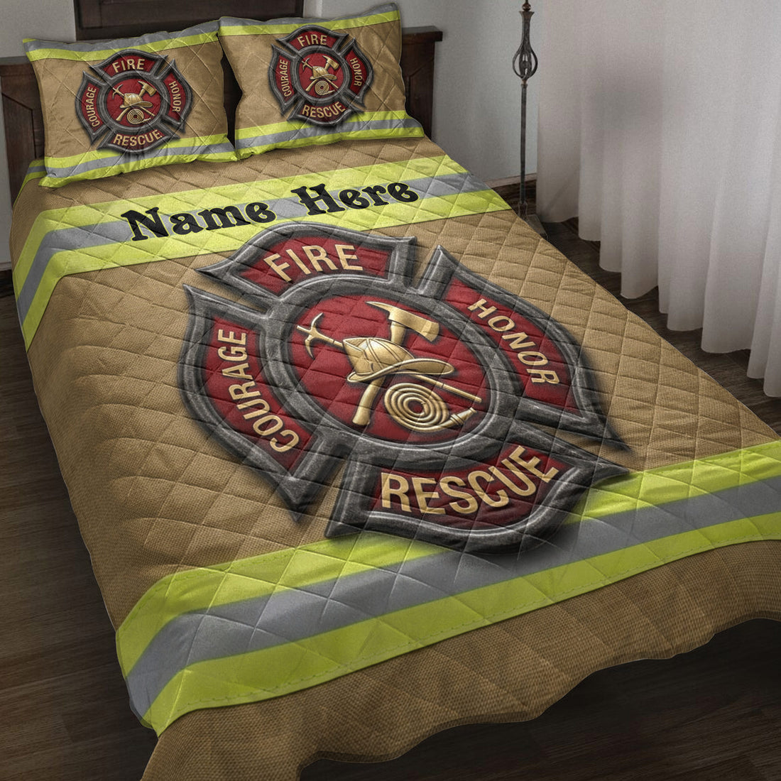 Firefighter quilt blanket displayed on a bed with rescue emblem artwork and high-visibility yellow and gray stripes