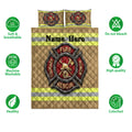 Firefighter quilt bedding set product view with rescue emblem artwork and soft, breathable care feature icons