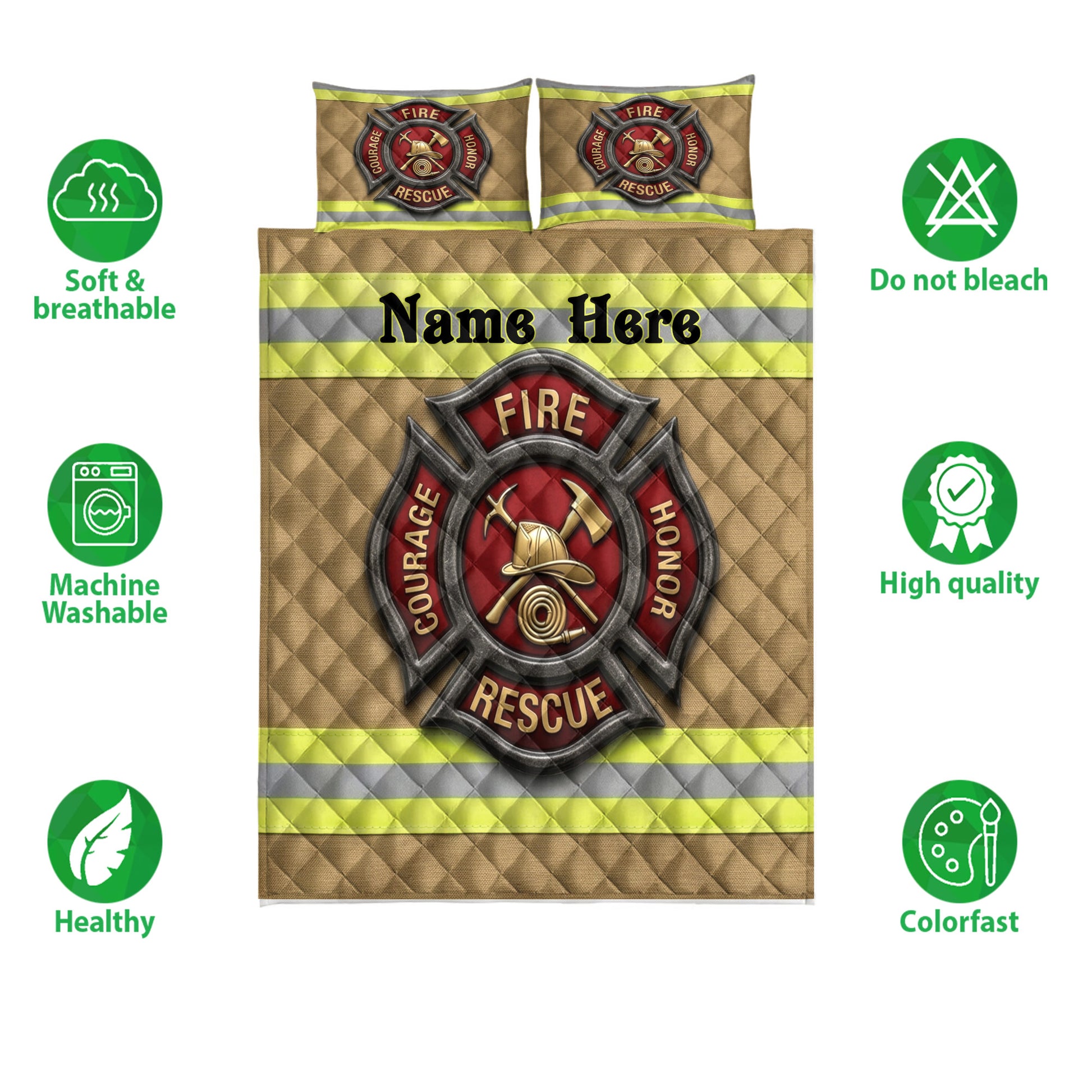 Firefighter quilt bedding set product view with rescue emblem artwork and soft, breathable care feature icons