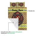 Firefighter quilt showing the printed front design and white quilted backing with rescue emblem artwork