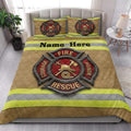 Firefighter quilt blanket styled in a bright bedroom with large rescue emblem and reflective stripe design
