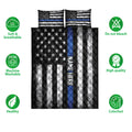 Police quilt bedding set displayed with coordinating pillowcases and product feature icons around the design