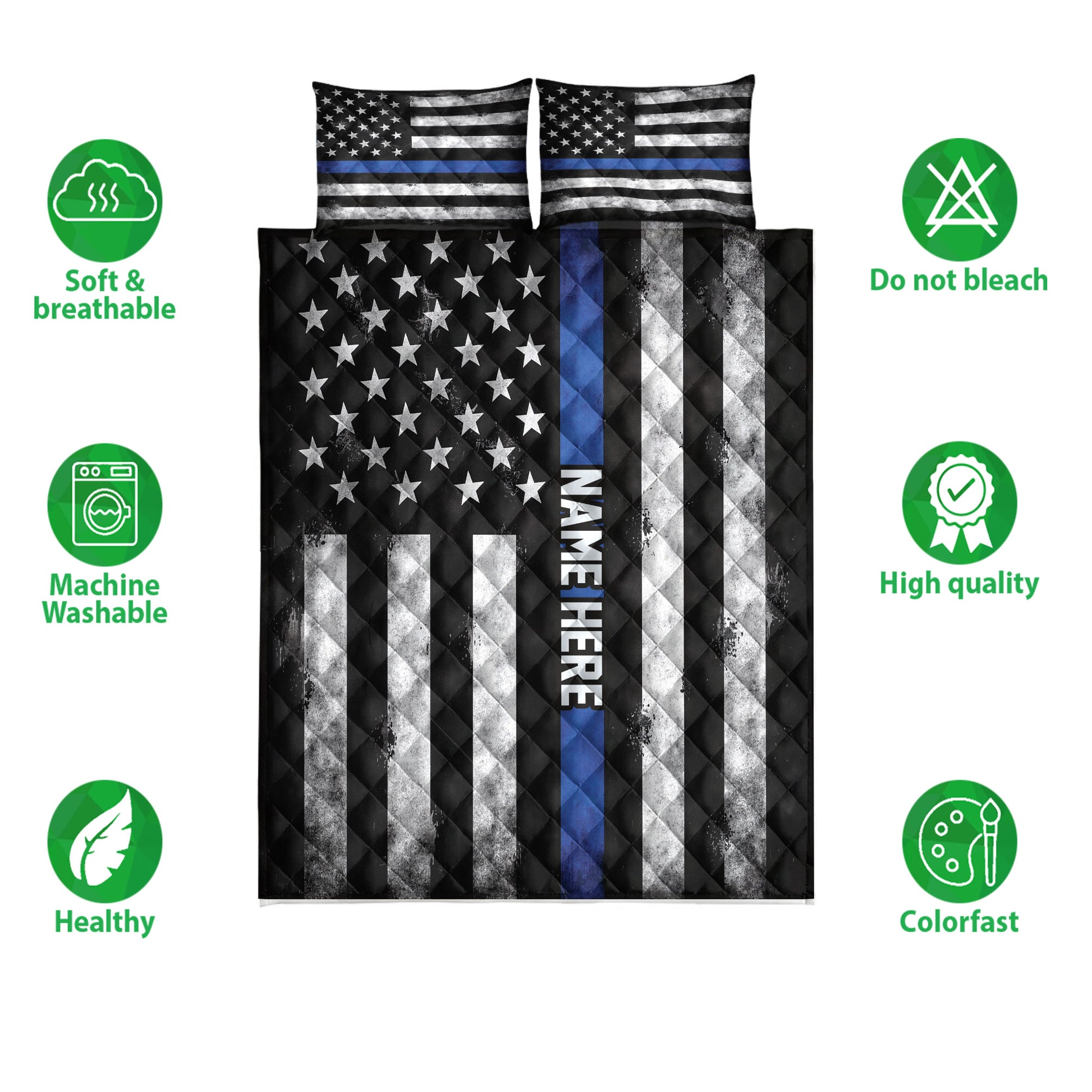Police quilt bedding set displayed with coordinating pillowcases and product feature icons around the design