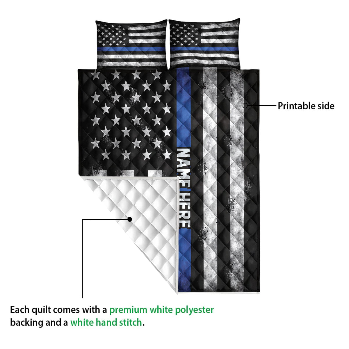 Police quilt blanket shown with its printed front and white quilted backing visible in a detail view