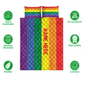 Rainbow Pride quilt bedding set displayed with colorful stripes and product feature icons
