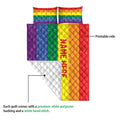 Rainbow Pride quilt blanket showing the printed front and white quilted backing