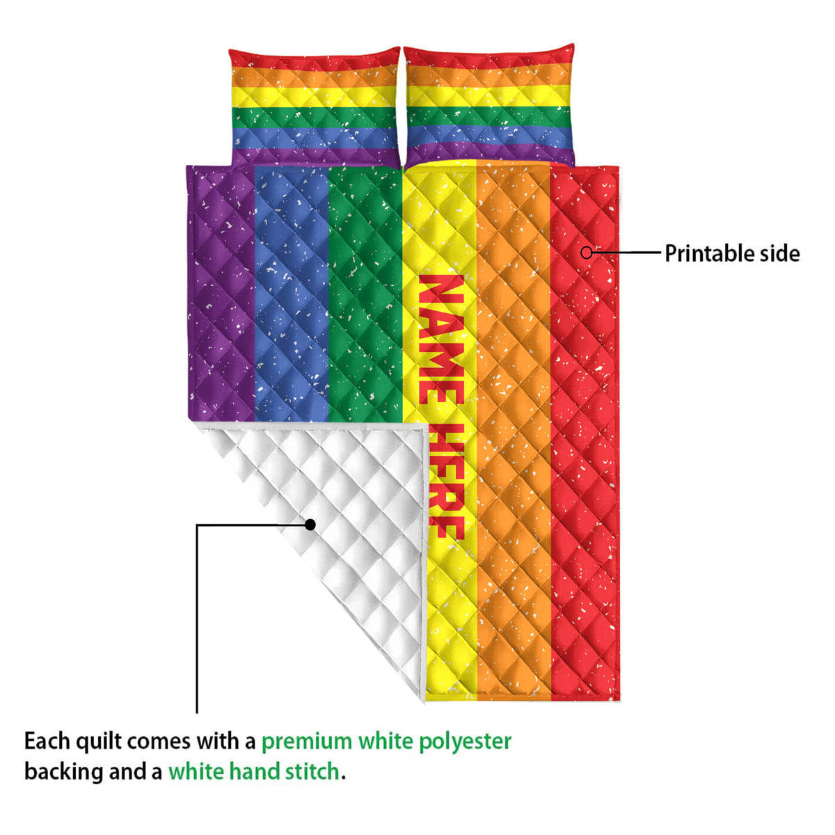 Rainbow Pride quilt blanket showing the printed front and white quilted backing