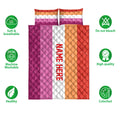 Lesbian pride quilt bedding set product presentation with colorful striped artwork and feature icons