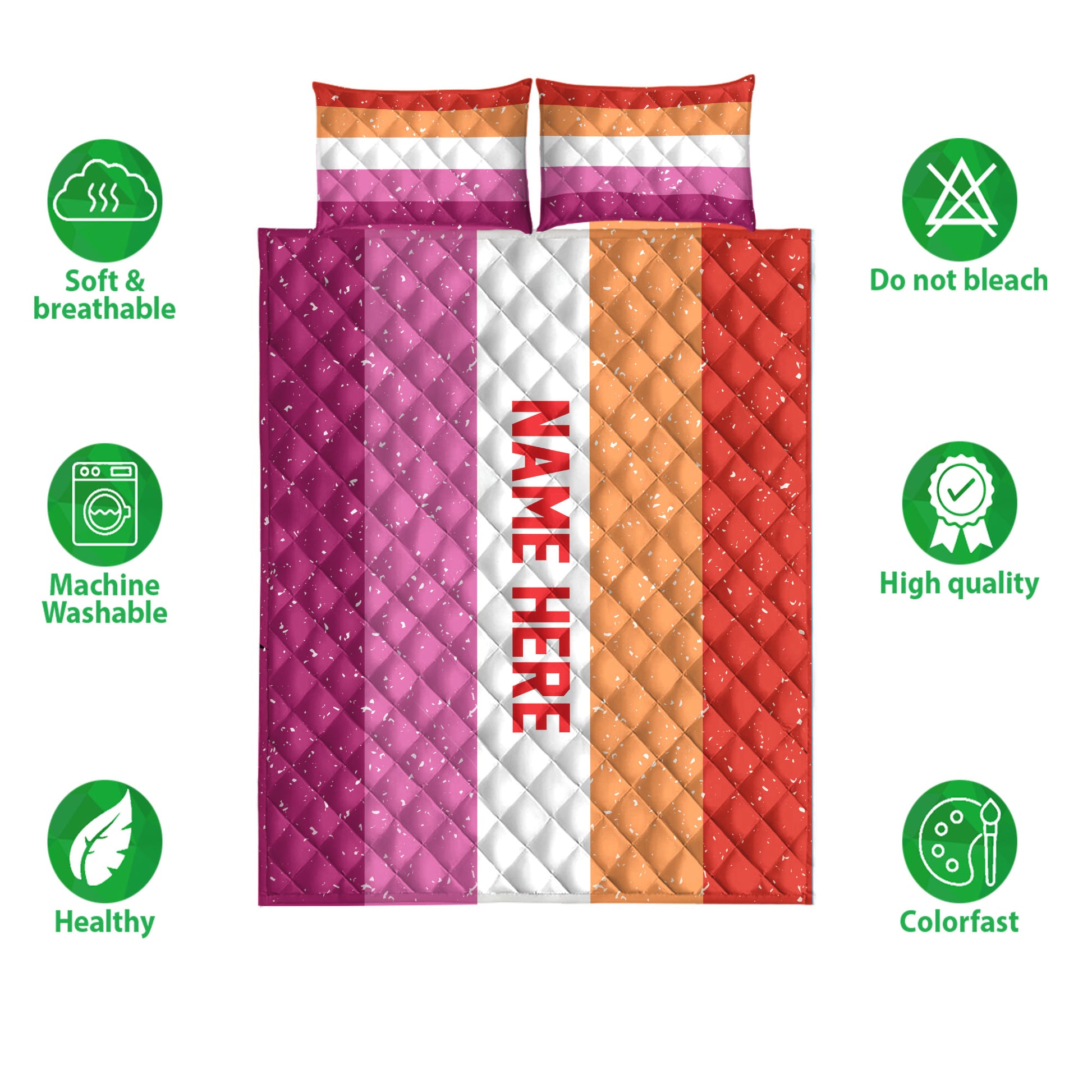 Lesbian pride quilt bedding set product presentation with colorful striped artwork and feature icons