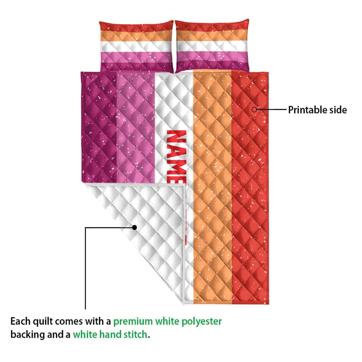Lesbian pride quilt blanket showing the vibrant printable side and white quilted backing