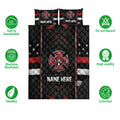 Firefighter quilt bedding set with bold fire department emblem artwork in black, red, and white