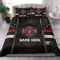 Firefighter quilt blanket styled in a bright bedroom with dramatic fire department emblem artwork